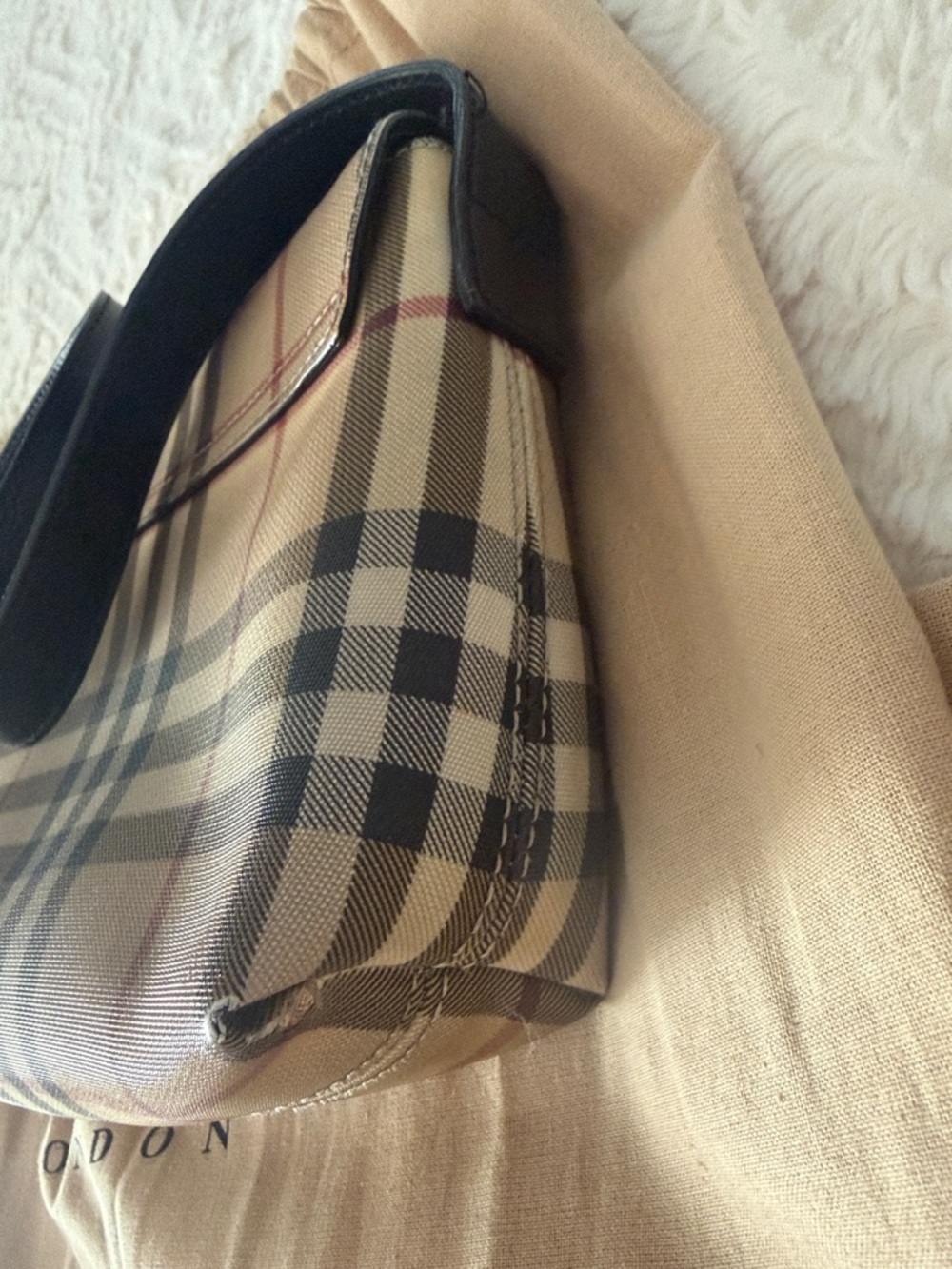 Burberry Beige Check Canvas Shoulder Bag with Black Trim - Picture 15 of 16